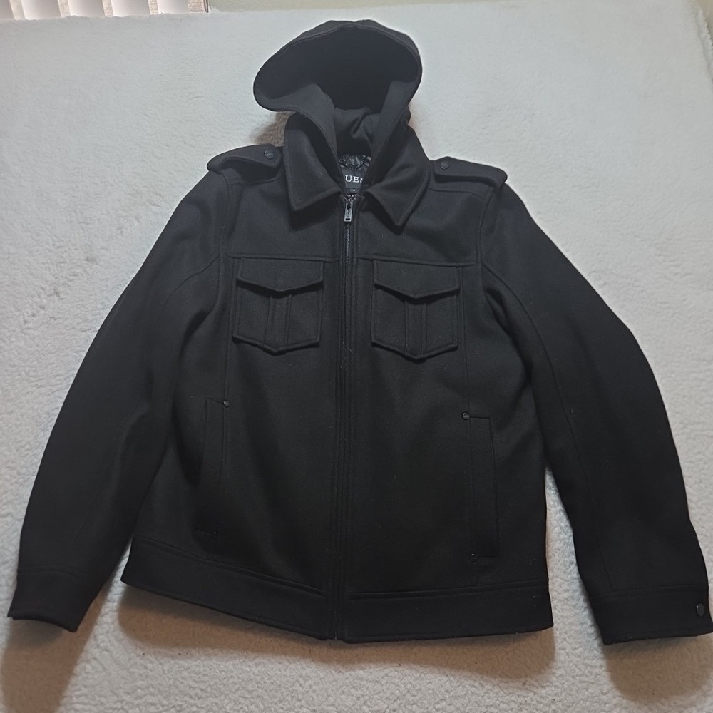 GUESS Wool Blend Peacoat Mens Size Medium Black Military Style Jacket Hood